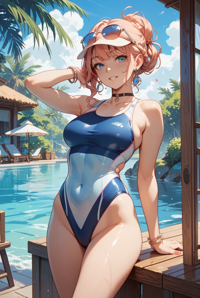masterpiece), (Highest quality), (High resolution, High Resolution), (Super detailed), (hmcanon:1.2), 1girl, (pink hair), (shorthair), Loosely swayed bangs, ((Shocking pink hair)), (pink eyes:1.2), Detailed eyes, (yellow hair bow:1.15), Earrings, Earrings, jewelry, necklace, ((Detailed face)), (very cute expression), (A sloppy smile:1.2), Grin, ((Shiny white competitive swimwear)), ((Shiny white dress_Swimwear)), (Wearing only swimwear), Wet with sweat, (tan skin:1.2),15 years old, (Perfect Anatomy:1.2), B86, W58,H85, Model Body Type, Very beautiful proportions, Gravure model photography, Depth of written boundary, Perfect Anatomy, (bare hands), Show your armpits, Tempting, Cowboy Shot, (Heart effect:1.3), absurdes, one-piece_swimsuit, Vulva Shape, Close-up, nicebeach, ((Beautiful ocean with waves reflecting sunlight)), (Walking on seawater), I can see the horizon and the sky, The subject is in the center of the screen,