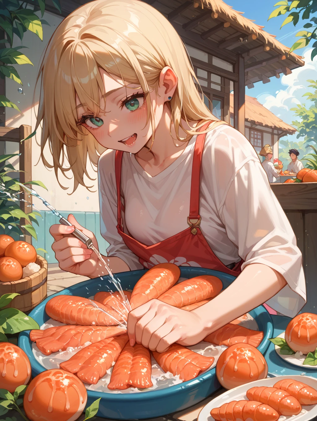 masterpiece, Highest quality, DQ Bianca, 1 person, Single Blade, Earrings, choker, Orange Cape, Green Dress, belt, Small breasts, 1 personで, I'm eating sausages, Upper Body, hot, Sweating a lot, Wipe away sweat, looking at the camera, angry