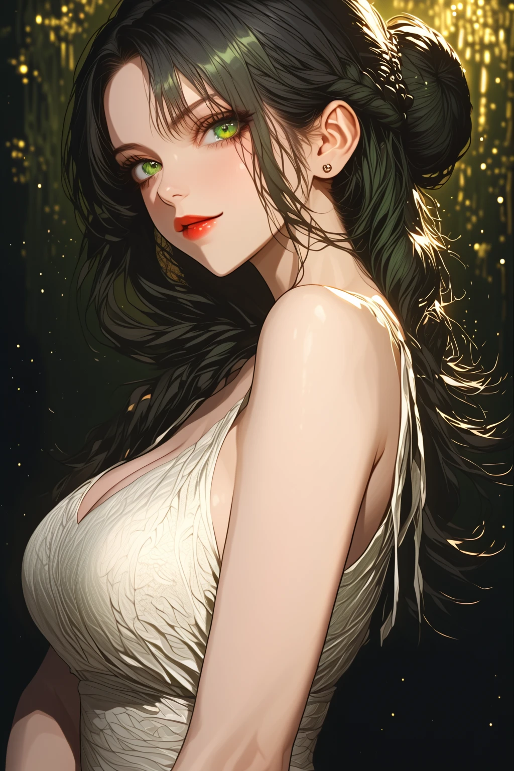 (masterpiece), 1girl, solo, best quality, expressive eyes, perfect face, upper body, beautiful face, mature woman, focused, beautiful eyes, red eyes, long hair, black hair, high ponytail, red ribbon, blue and whit flower kimono, bare shoulders, cleavage, front view, close up, pink lipstick, crystal necklace, pink blush, facing viewer, grown up woman , mature face, Japanese castle
