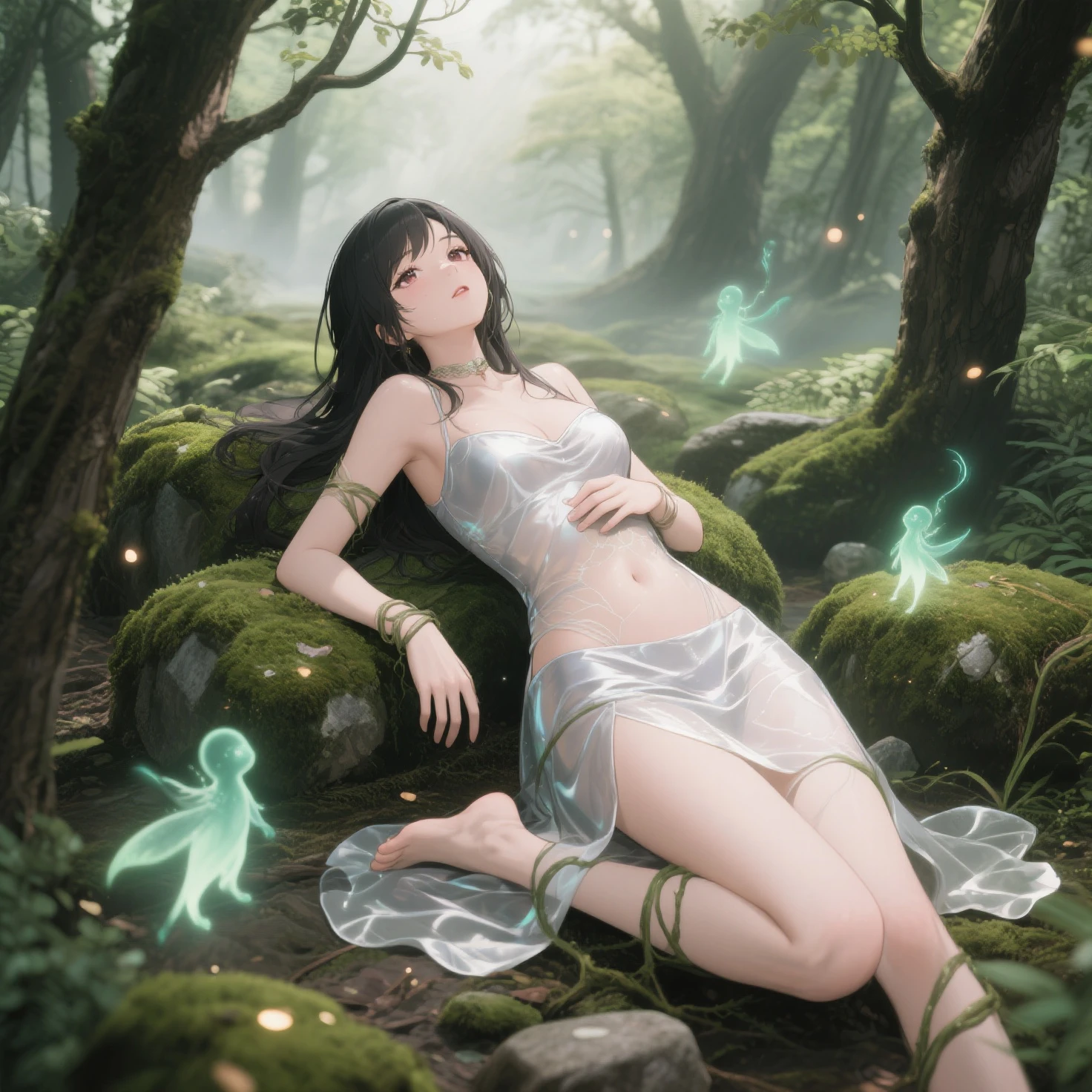 Several corpses wearing dresses strewn across the forest floor. Cobertos de sangue. Muito sangue vermelho. Puddle of blood over corpse.