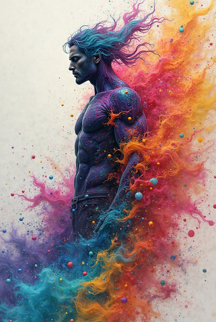a man in a swimwear with a bulge body covered in a splashes of colourful dye, dynamic pose, 4K, HDR, cinematic lighting, award winning concept art, black background, smoke, bubbles, acidzlime <lora:acidzlime:1>