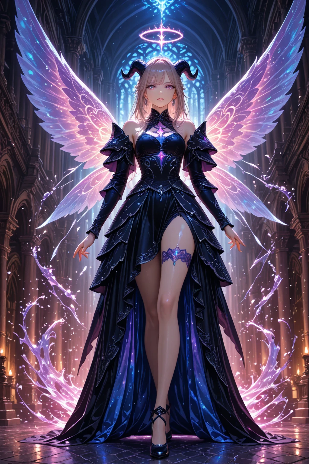 Arafed, a picture of a ((man: 1.5)) in high society prom event, divine beautiful muscled male, red hair, long hair, flowing hair, the hair glows in a soft light, cerulean eyes, deep light eyes, divine masculine face, some beard, he wears a ((pink and black evening dress: 1.5)), elegant, intricate detailed dress, silk dress, small cleavage, some crystals on the dress, he wears elegant knee high heeled boots, exquisite knee high heeled boots, he stands on the porch of a fantasy castle, dynamic angle, soft torch light, (Masterpiece: 1.5), 16k, highres, best quality, high details, ultra detailed, masterpiece, best quality, (extremely detailed), AngelStyle, GlowingRunesAI_paleblue, angel_wings, Angel