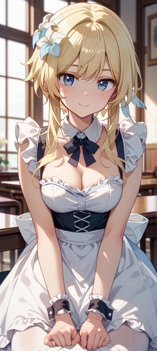 masterpiece, best quality, highres, hmtr, twintails, ahoge, maid headdress, animal ears, hair ribbon, black ribbon, cat tail, cleavage, black bowtie, maid, black dress, short sleeves, detached sleeves, bare shoulders, wrist cuffs, white apron, black thighhighs, standing, indoors, cowboy shot, arms at sides, straight-on,big breasts