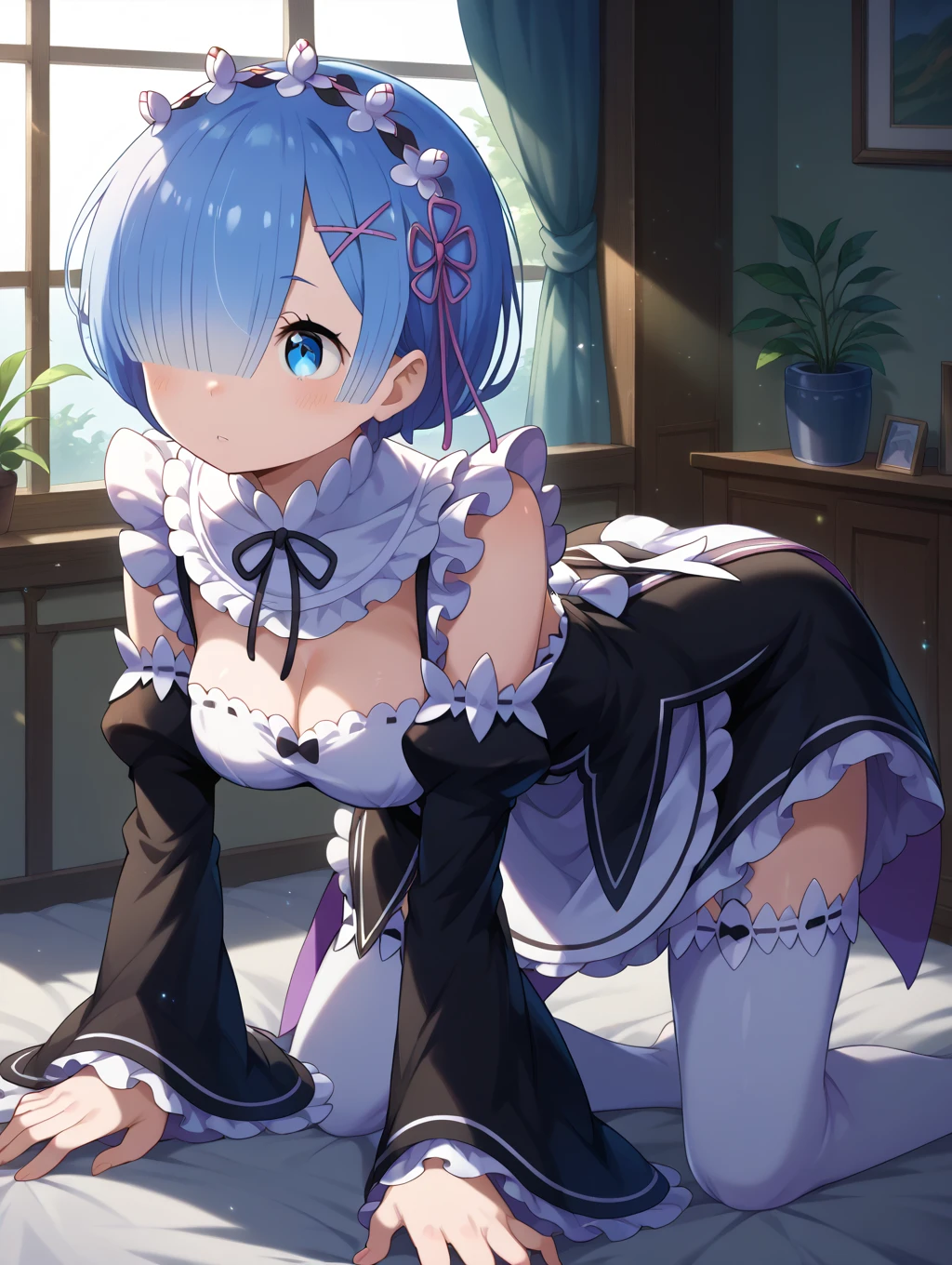 Meisterwerk, (realistisch), high-res, hochdetailliert, kompliziert, Beautiful women, rote Haare, blaue Augen, Sommersprossen, detailliertes Gesicht, maid outfit, from behind, looking at viewer, showing ass, smile, roped, tied up, bondage, on bed, flipped skirt, white panties, Rem