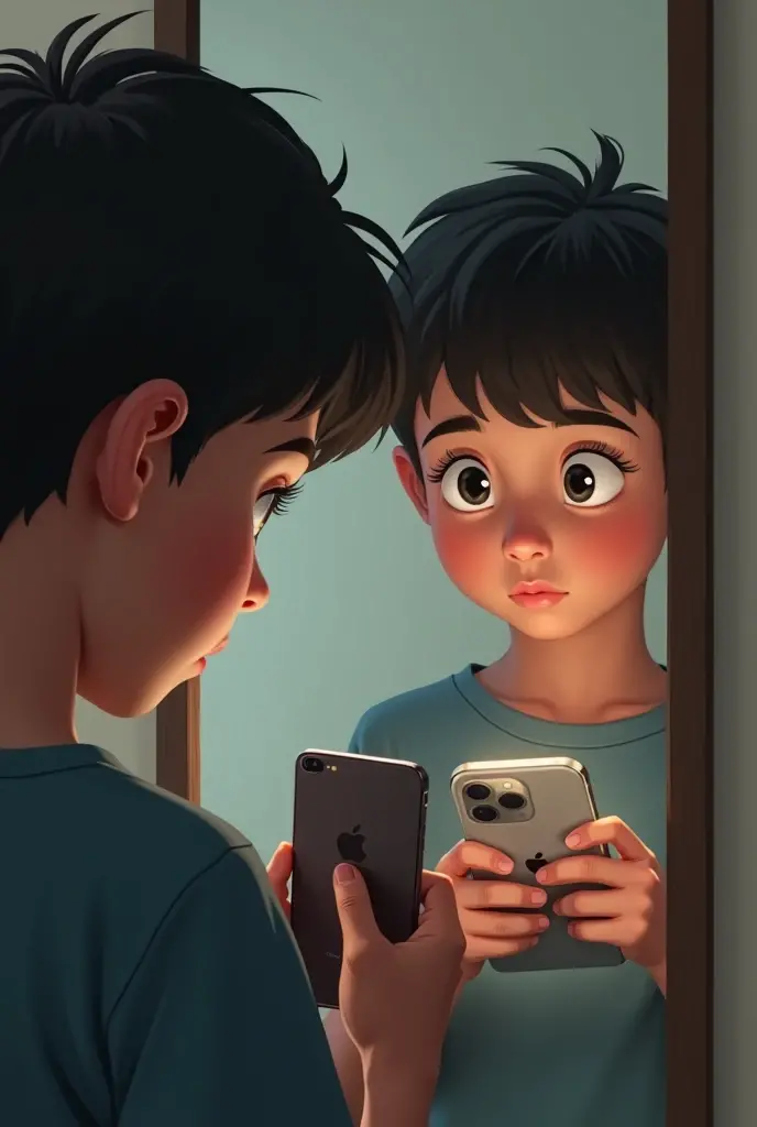 A boy of holding an iphone infront of mirror