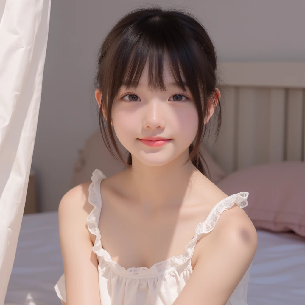 ((Highest quality)), ((Photo quality)), (detailed), Perfect Face，12 years old,Upper Body，Thin arms,White skin,bed,Sheer blouse
