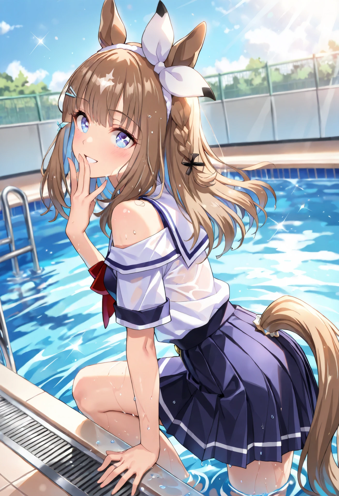 (masterpiece, best quality, perfect face:1.4), wide angle, almond eye \(umamusume\), white hair ornament, horse ears, horse tail, tail on the lower back, proportional body, proportional,1 girl, beautiful hair, beautiful face, beautiful detailed eyes, beautiful clavicle, beautiful body, beautiful chest, beautiful thigh, beautiful legs, beautiful fingers, looking at viewer, BREAK, outdoor pool at school after school, playfully covered with water, high school girl with wet hair sticking to her shoulders, The white shirt in the uniform is moist and has a transparent texture, pleated skirt is also heavy with water, BREAK, while laughing「Take responsibility！」and playful pose, The background is summer sky and pool, The sunlight reflects off the surface of the water and sparkles, textured skin, realistic skin, HDR, BREAK, good hands
