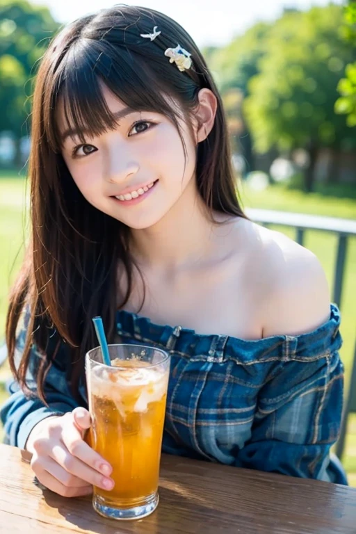 Create an ultra-realistic image of a 21-year-old Japanese woman named Kotone having a picnic in a sunflower field. She has extremely long, perfectly straight black hair that flows down to her waist, with blunt bangs that cover her forehead. Her eyes are large, enchanting, and have double eyelids with sparkling black pupils, giving them a captivating and youthful appearance. Her face is delicate and innocent, with very thin eyebrows that frame her large, childlike eyes. Kotone's skin is smooth and flawless, resembling snow in its pure white color. She has a slender and well-proportioned body with a shapely bust size of 95 cm, a height of 158 cm, a weight of 43 kg, an ideal waist size of 58.46 cm, and an ideal hip size of 86.73 cm. Her complexion is flawless, without any wrinkles, and her natural makeup enhances her features subtly, maintaining a fresh and youthful look. She embodies a perfect balance of youthful charm and mature elegance, with a cute and innocent smile that adds warmth and affection to her appearance.
Kotone should be depicted facing forward, with her body positioned to emphasize her front. Her long black hair should flow naturally over her shoulders, framing her face and upper body. She should be sitting on a picnic blanket, surrounded by a basket filled with food and drinks, and perhaps a few scattered sunflowers. Her pose should be relaxed and joyful, with one hand reaching for a piece of fruit or holding a drink. Her expression should be cheerful and inviting, with a warm smile that captures the enjoyment of the picnic. The lighting should be bright and natural, reflecting the sunny environment, and creating a sense of warmth and vibrancy. The background should include elements of a sunflower field, with tall sunflowers in full bloom and a cl