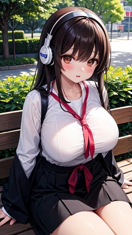 ((Top quality)), ((Masterpiece)), (Details), perfect face, sitting under a cherry tree, listening to music, a woman, wearing headphones, wearing underwear, underwear is transparent, sitting with legs wide open, wearing tight clothes, showing butt and breasts