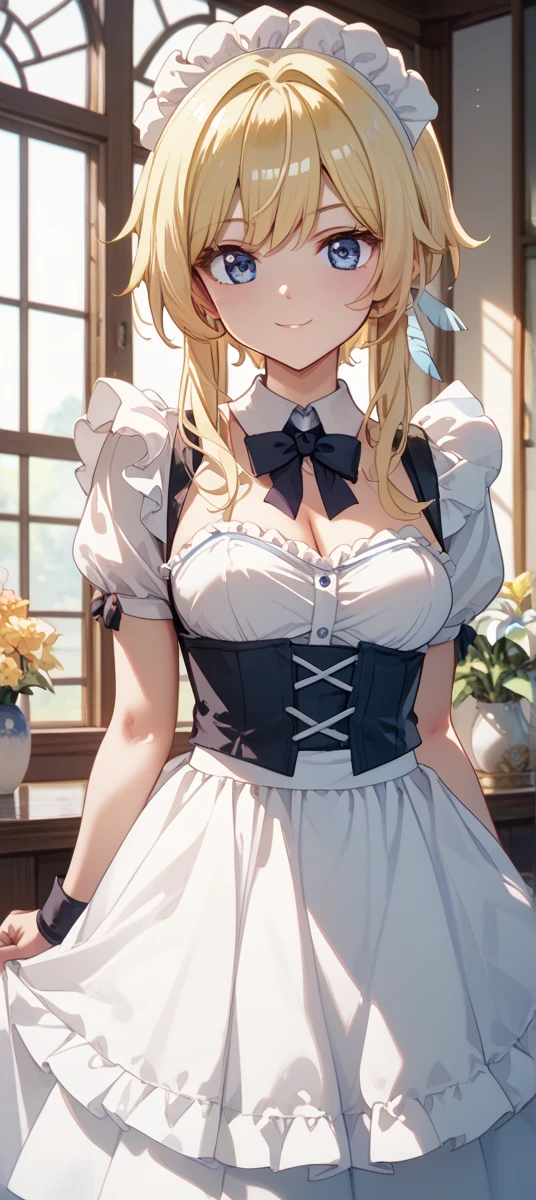 ((highest quality, Highly detailed CG Unity 8K wallpaper))、beautiful breasts、((She lifts up her skirt to reveal white panties、blonde、maid、embarrassed look))