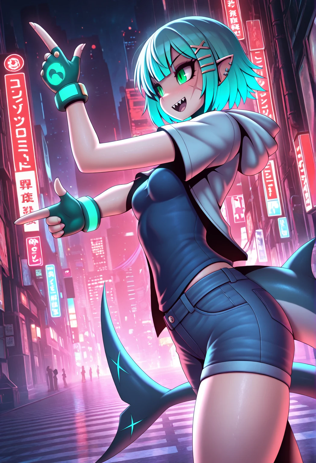 score_9, score_6_up, source_anime, rooftops, night city, neon lights, slim body, Slender legs, slim hourglass figure body type, average breasts size, ((purple_multicolor_hair)), purple_eyes, [[[Morrigan_Aensland]]], black sports bra, black yoga pants, seductive smile, looking at viewer