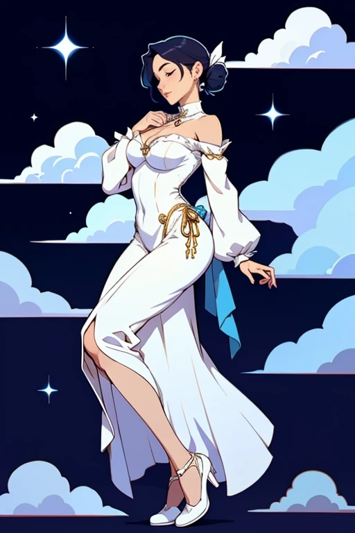 (extremely delicate and beautiful:1.2),1girl, bangs, blue eyes, blurry background, short hair, blue hair, closed mouth, from front, lantern, light particles, evening gown, dress, necklace, earrings, jewelry, sleeveless, bare shoulders, looking at viewer, night, solo, medium full shot, smile,red lips, medium breasts, mer1, one arm up, armpit
