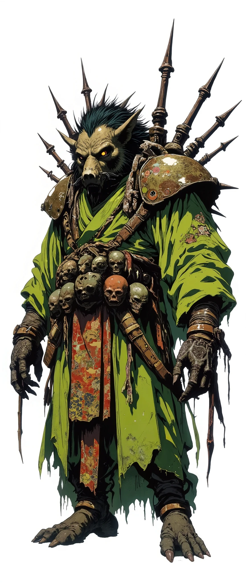 Masterpiece, most recent, very aesthetic. A boar-faced demon, [[[BOAR HEAD]] , he has wisps of hair, he is hunchbacked, he is wearing an orange Japanese robe with gold details, he stands on all fours, scary monster, he has 4 arms, he has spear-shaped bones that come out of his back, his arms are thin and long, very long, [[his feet are like goat's feet]] his body is fat and covered by an ancient samurai kimono, on his waist he carries several severed heads, Asian horror, Hannya, Geisha mask, 
rendered 90s anime style, anime similar to the anime "Basilinski" anime from the 90s, 3 color tones, flat cel-shading, anatomically correct, high contrast, front view [[[HE IS FRONT]]], [[FULL BODY]], [[Image showing his entire body from head to toe]], illustration masterpiece, high resolution, front and side view in the same image, [[white background]], character concept presentation.90s anime style cel shaded flat color shading
