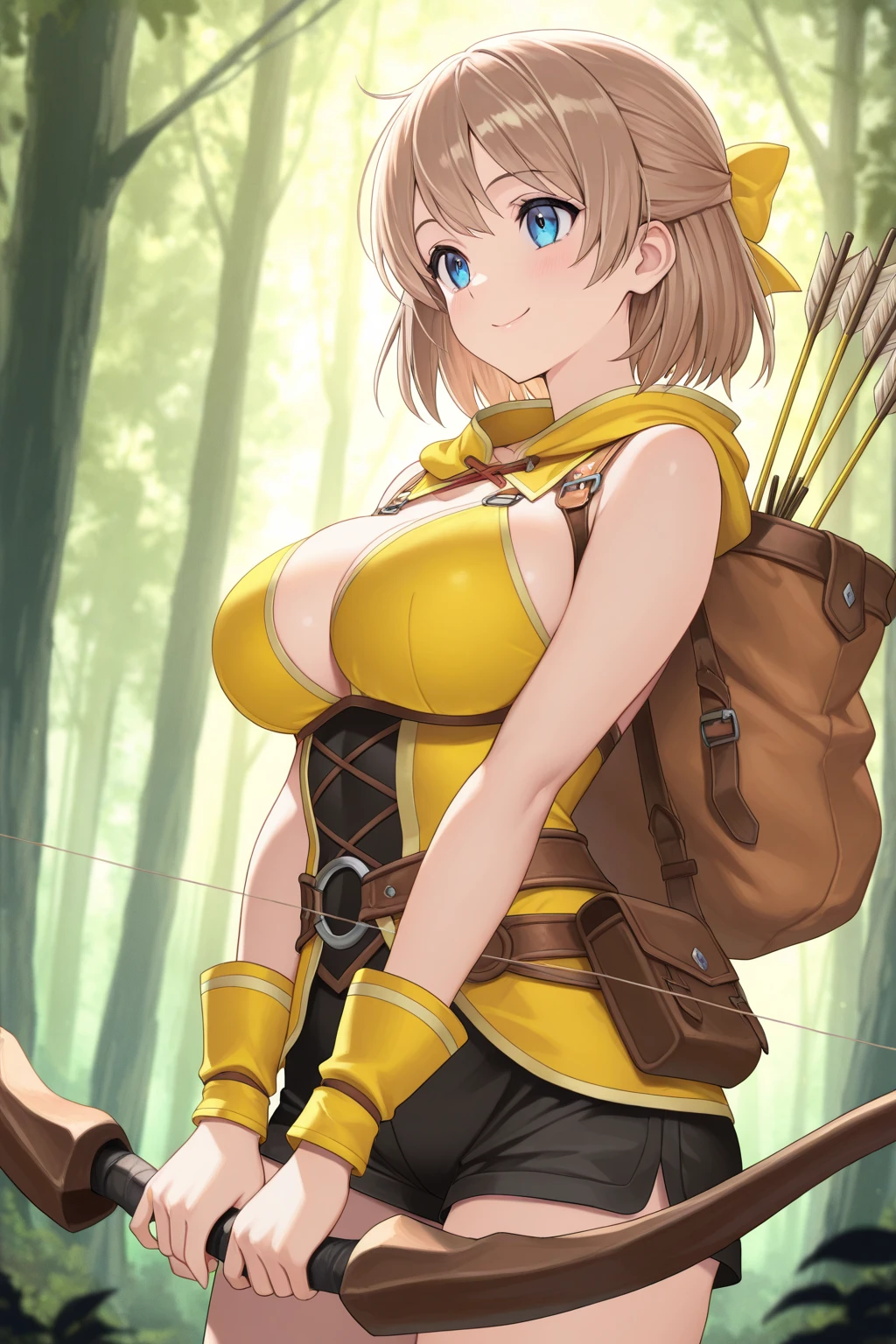 LeinaQuiron woman, 1girl, solo, breasts, blush, blue eyes, blonde hair, large breasts, cleavage, braid, hairband, armor, twin braids, side braid, short hair with long locks, buckle, shield BREAK (masterpiece, best quality:1.3), 4k, ultra-detailed, trending in pixiv, detailed background, BREAK (amidst the paddy field, countryside, scenery:1.4), BREAK (standing, from side, inviting gesture:1.3), happy smile, (sweat, shiny skin:1.3)