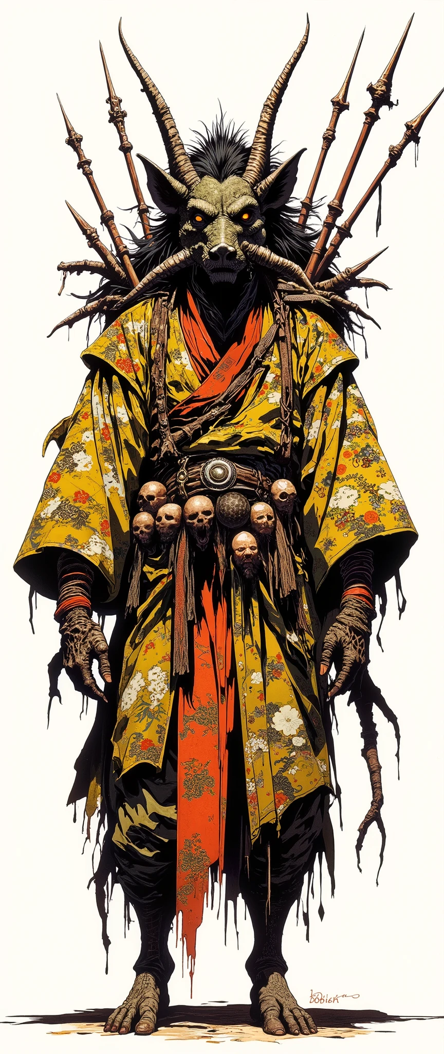 Masterpiece, most recent, very aesthetic. A boar-faced demon, [[[BOAR HEAD]] , he has wisps of hair, he is hunchbacked, he is wearing an orange Japanese robe with gold details, he stands on all fours, scary monster, he has 4 arms, he has spear-shaped bones that come out of his back, his arms are thin and long, very long, [[his feet are like goat's feet]] his body is fat and covered by an ancient samurai kimono, on his waist he carries several severed heads, Asian horror, Hannya, Geisha mask, 
rendered 90s anime style, anime similar to the anime "Basilinski" anime from the 90s, 3 color tones, flat cel-shading, anatomically correct, high contrast, front view [[[HE IS FRONT]]], [[FULL BODY]], [[Image showing his entire body from head to toe]], illustration masterpiece, high resolution, front and side view in the same image, [[white background]], character concept presentation.90s anime style cel shaded flat color shading