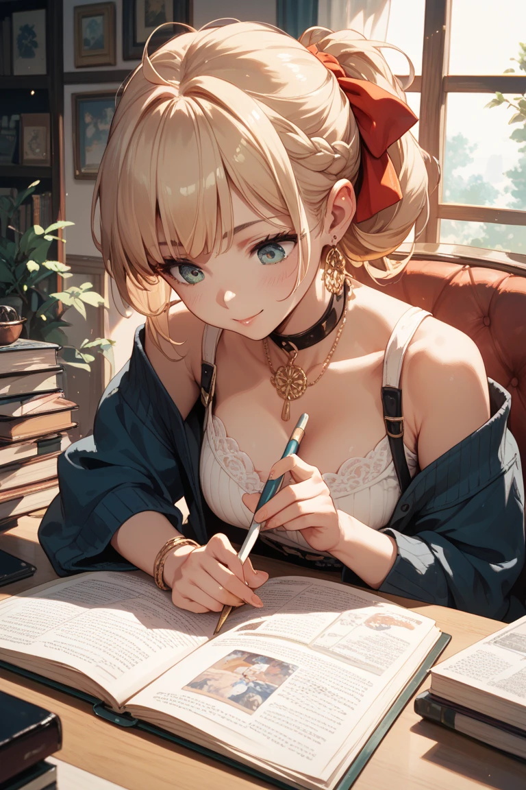 ((1girl,solo))absurdres, highres, ultra detailed, (1girl:1.3), (disheveled hair,beautiful detailed eyes,shiny oily skin:1.1),(hazel eyes)
study room
Quiet music is playing in a dark room
various writing tools and electronic devices
Wearing tight and a bra
The girl is lying in bed and sleeping