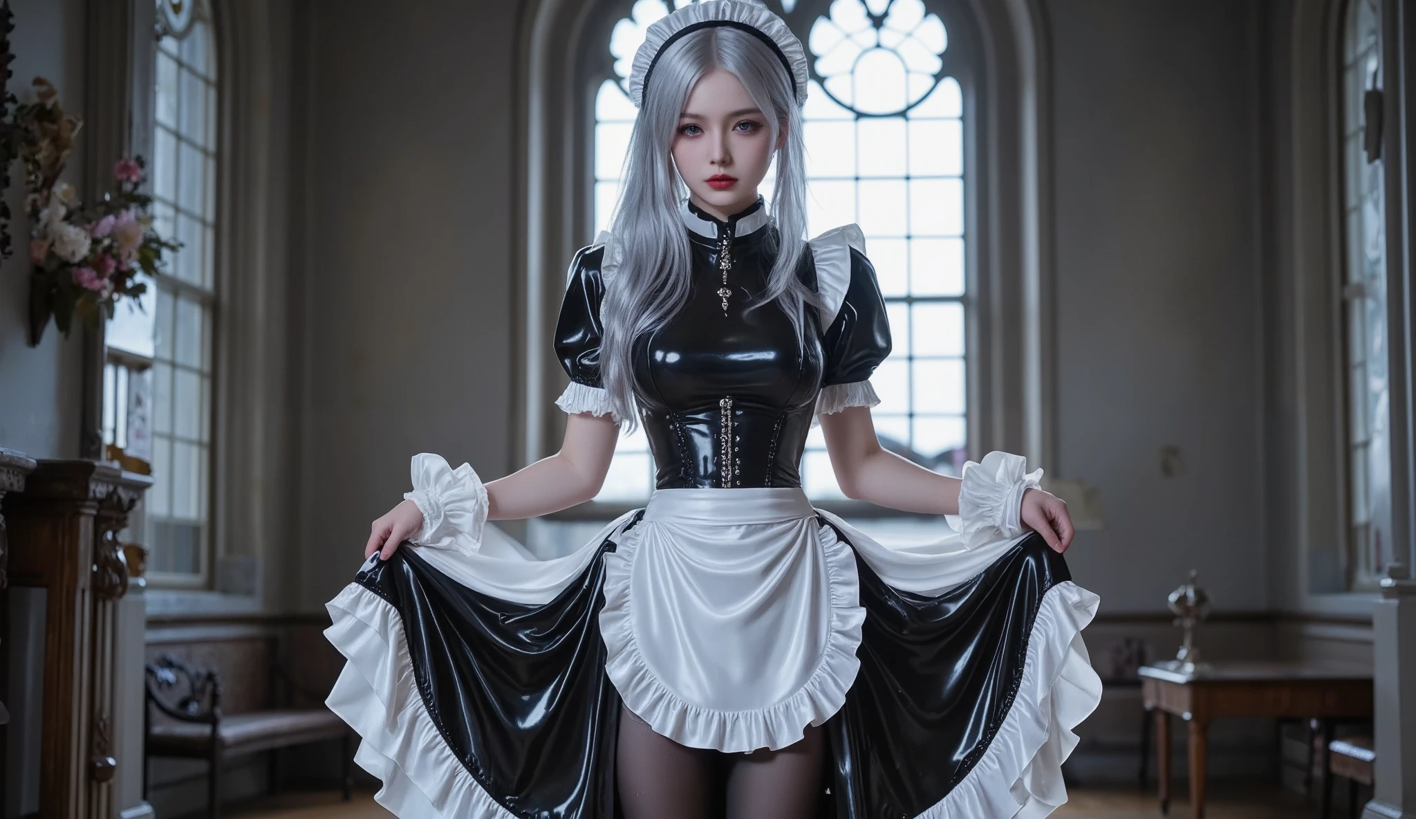 Young Beautiful Woman,(Black and white gothic maid outfit, long skirt, Corsets , black tights,Black boots),( Silver Hair, shoulder-length hair in the image, purple eyes, half closed eyes , Unusual Suspicious Emotions:1.3,Black lips:1.5, big breasts, shiny skin, Perfect Female Proportions , ideal body proportions, attractive proportions, Tight Woman , curve beauty,High quality skin,a girl with a very beautifully detailed face), full body image ,background:Castle, bright,Holding the hem of the skirt with your hands ,Courtesy Pose , dramatic lighting,( Masterpiece, top quality, very detailed depiction, Incredibly Absurd High Resolution ),