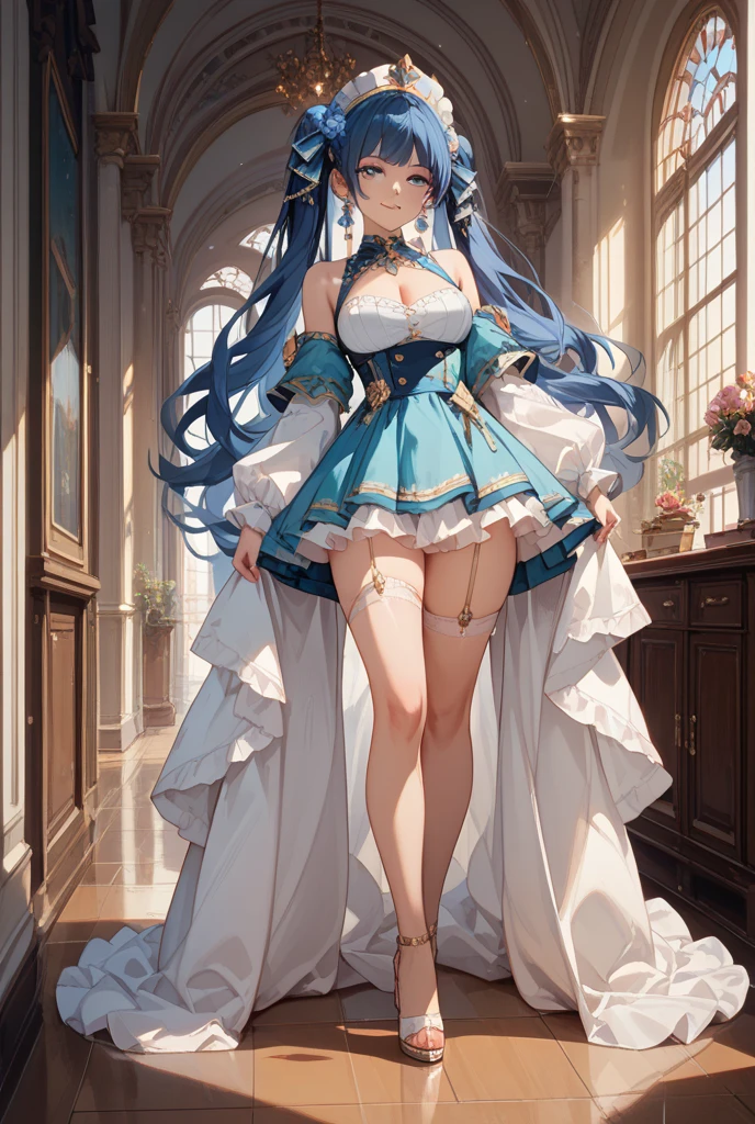 masterpiece、Mastepiece、Award-winning、Anime Girls、Random Hair、Huge breasts、Wear a bikini armor、Wear a frilly skirt、Pants that look like they can be seen、Full Body Shot、The background is a fantasy world