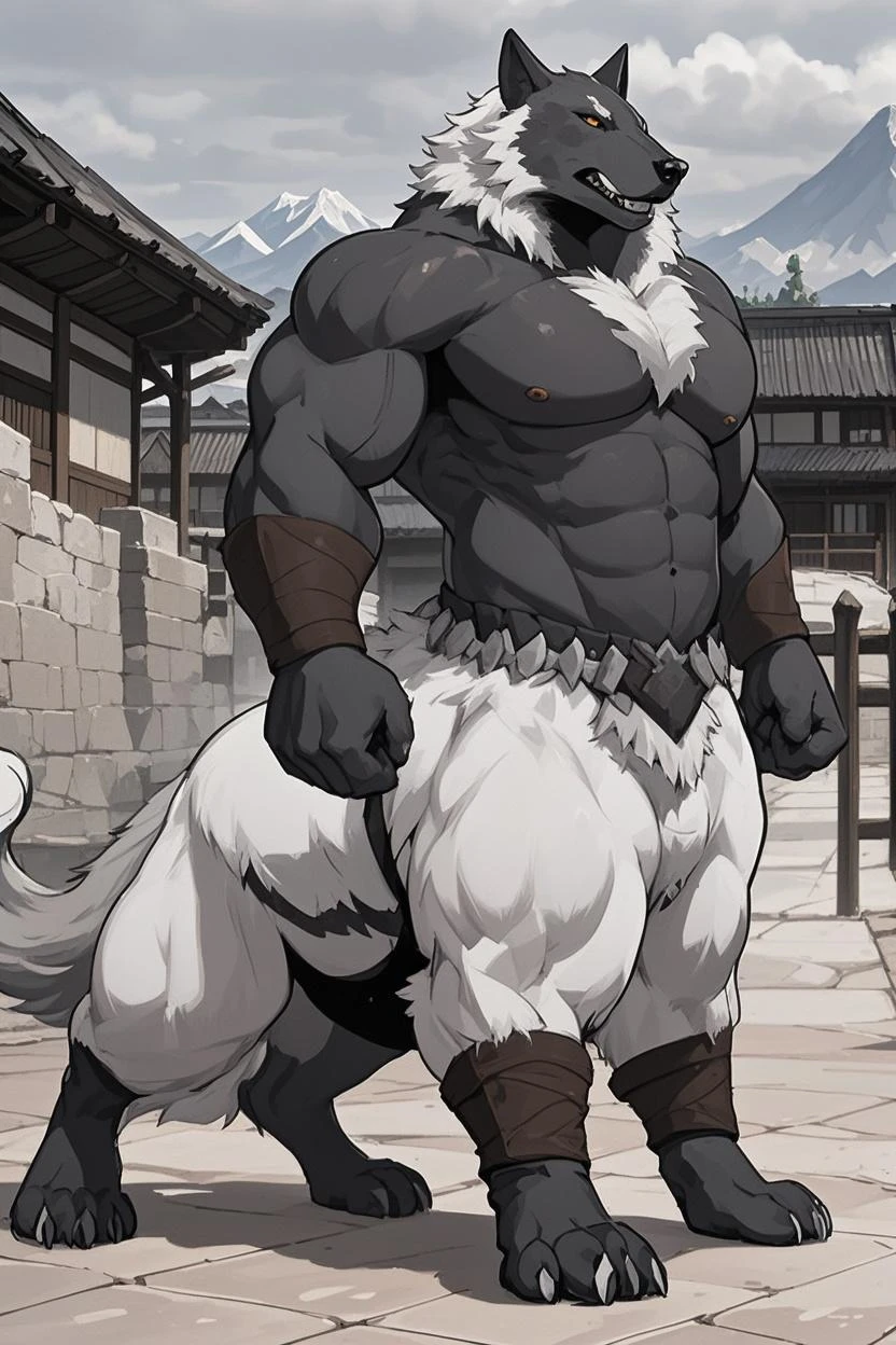 wolf, Chinese zodiac. Male. wolf. Furry, wolf antro), standing, alone, nj5furry, (wolf, huge, huge, young face, teenager, bodybuilder body), wolf, ((extremely realistic shadows, masterpiece, extremely detailed, photorealistic)), kemono, young, teenager, massive body, ((really big muscle, massive muscular, sixpack, thick arms, wide pectoral, super huge muscle, hyper muscular, over sized muscle, huge arms, big arms, huge pectoral)), firm back, solid back, round buttocks, firm and well-formed buttocks, back, broad shoulders, standing on the back, firm buttocks, round buttocks, well-formed buttocks, solid and very muscular back, wolf, tail, ((detailed face)) nose, yellow eyes, ((detailed eyes)), smile, mischievous smile, mischievous expression, white teeth, mouth slightly open, red tongue, skin, fur, hair, mane, sexy, height 3 meters high , optimal height, body full of muscles, bulging pectorals, bulging abs, Ainu clothes, Ainu temple, huge and defined abs, V-shaped body, thick waist, long legs, strong arms, manly, attractive face, type of attractive, fresh and calm face with a cold smile. bodybuilder body, topless, huge muscular thighs, bulging biceps, looking at viewer. Unique light source, Sharp shadows, Unique portrait.
