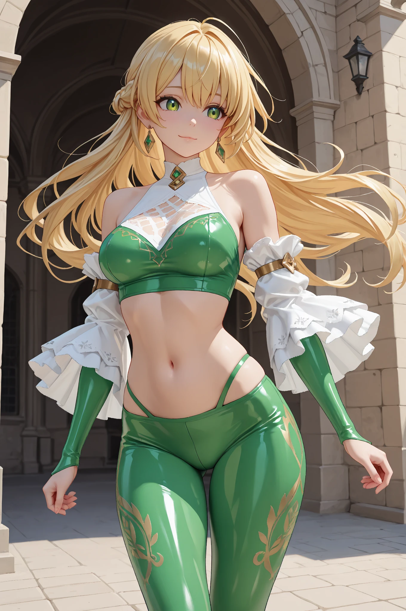 Very detailed、highest quality、Best image quality、masterpiece、8k、Anime Face、A kind smile、Open your mouth、Sparkling blue eyes、(Blonde wavy hair:1.5)、、Muscles of the whole body、camisole、Thigh belt、mini skirt、(Wearing green bikini armor:1.5)、(Cowboy Shot:1.5)、(Leg armor:1.5)、(Wearing a helmet:1.5)