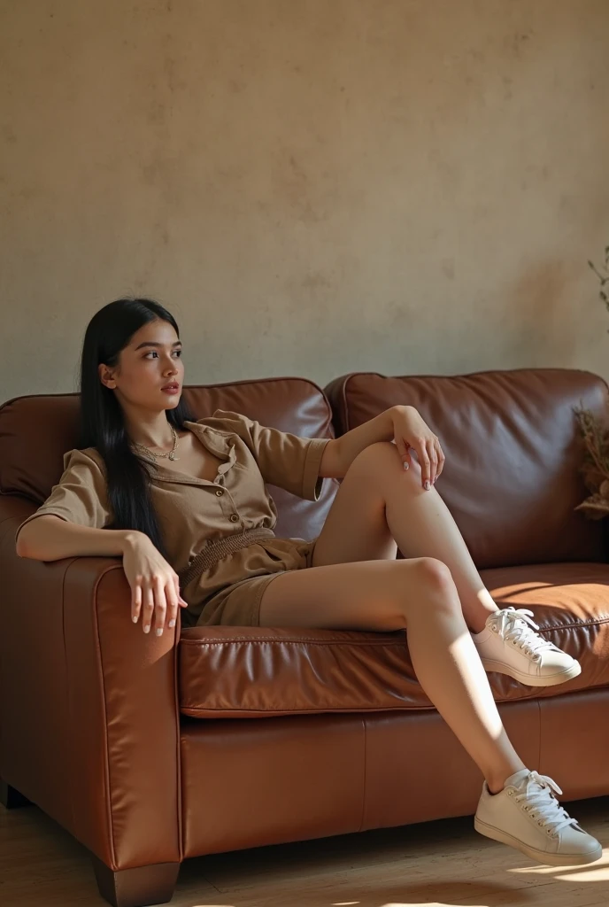 Realistic photograph of a slim young woman, pale, thin skin and dark skin, with big breasts. She is sitting on a wooden chair facing the camera., wearing a very tight white youth top that shows off her breasts, a very short red sports pants. White sneakers with red laces. She is in a modern painting room. clear with a pot of tropical plant, The light enters through a side window playing with the transparencies of the clothes. realistic photography