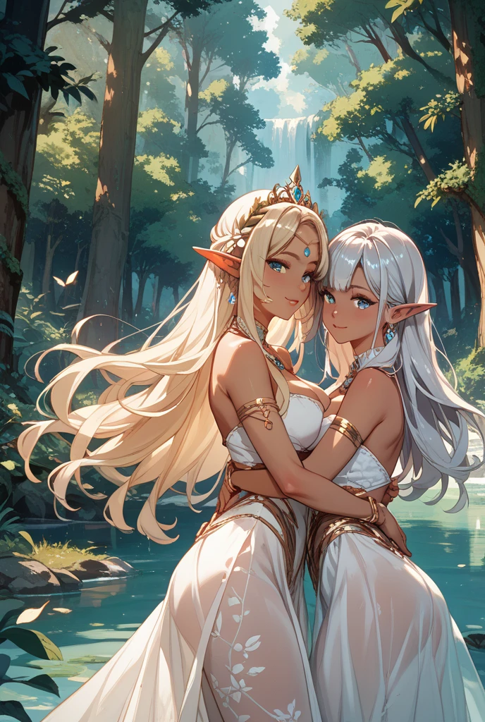 Two female elves,Bikini swimsuit,Same stature,One black and one white,Hold each other,The two bodies are close together,Kiss,in class room