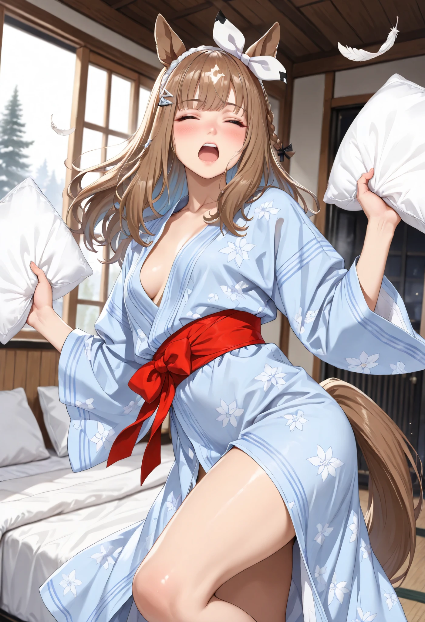 (masterpiece, best quality, perfect face:1.4), wide angle, almond eye \(umamusume\), (white hair ornament), horse ears, horse tail, tail on the lower back, proportional body, proportional,1 girl, beautiful hair, beautiful face, beautiful detailed eyes, beautiful clavicle, beautiful body, beautiful chest, beautiful thigh, beautiful legs, beautiful fingers, looking at viewer, BREAK, onsen yukata, indoor, onsen, ryokan, bedroom, futon, (Pillow Fight), intense pillow fight, feathers flying, bright lighting, dynamic action, cozy atmosphere, BREAK, embarrassed, blush, open mouth, laughter, one eyed closed, textured skin, realistic skin, HDR, BREAK, good hands