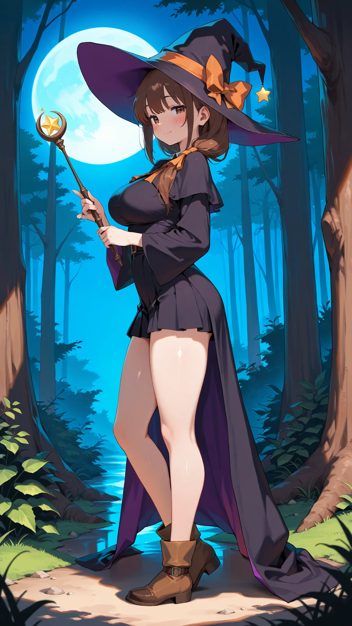 A woman wearing a classic witch's tunic, purple skirt, classic witch's hat, brown hair, long hair, brown eyes, large breasts, exposed shoulder, exposed thigh, voluptuous thigh, black heels, holding a magic staff, walking on a wooden sidewalk. concrete, wide view of a field with grass and some trees, fantasy aesthetics.UHD, masterpiece, accurate, anatomically correct, textured skin, super detail, high quality, best quality, 8k, high resolution, bokeh effect. (woman alone)
