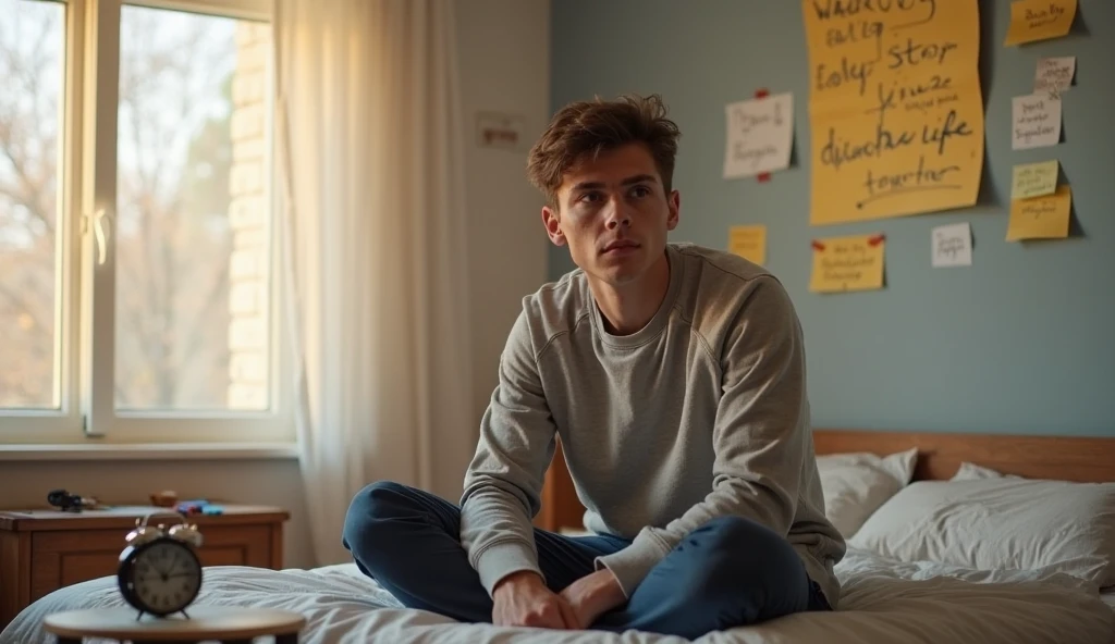A guy in a room at night, creepy environment, extremely realistic, scared faced, sitting near the camera.