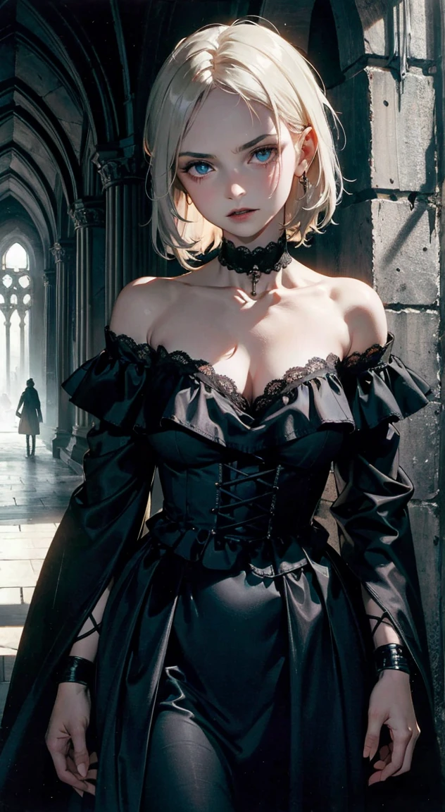 Glossy lips、Blonde Pixie Hair、hyperdetailed face、Detailed lips、A detailed eye、Double eyelids、耳Nipple Ring、Bracelet、Small necklace、Dark eyeliner、Iris heterochromatic eyes, thick eyebrow、（Colossal tits:1.3）、((full body Esbian))、((Women after exercise))、(Erotic face),(Dark eyeshadow)、(hposing Gravure Idol)、((toned thighs)),(Fashion Model Posing)、((1人の女性))、(Woman in sexy blue gothic dress)、(In a dimly lit castle room)、the witch、Goth loli clothes、vampire girl,low-key lighting、8K,masuter piece、(Gothic lolita)、detailed facial expression、Anne Hathaway、artoria pendragon (fate),saber,