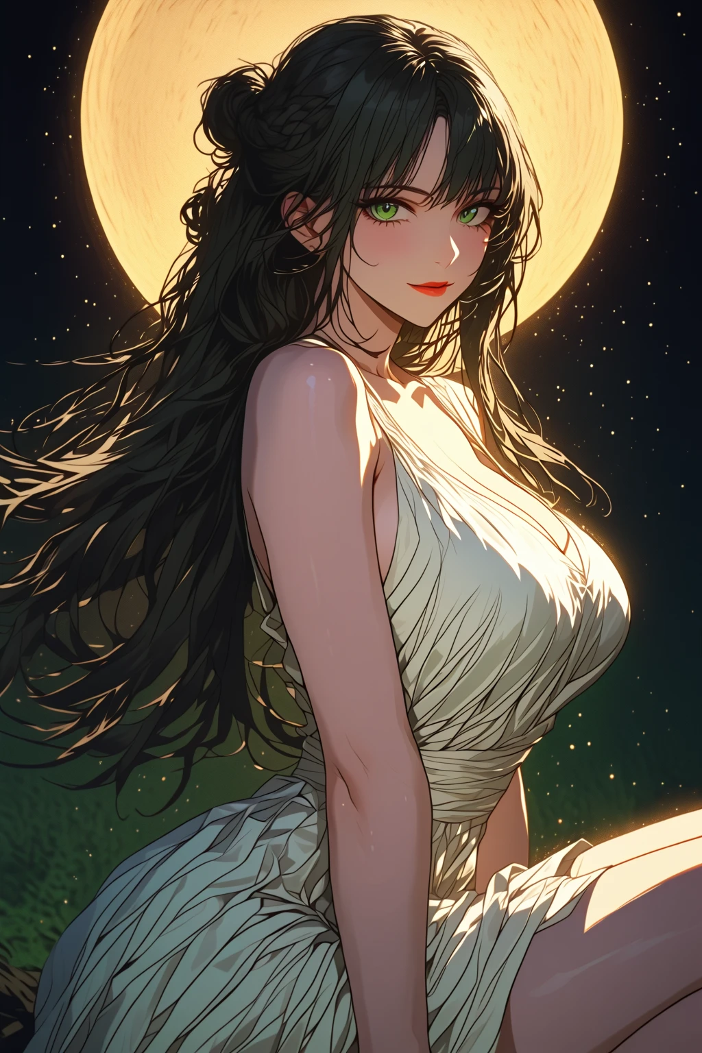 masterpiece, best quality, night, hill, clouds, full moon, long hair, woman, silhouette, fireflies, looking at viewer, medium breast,drunk blush , full clothes, luxury clothes 