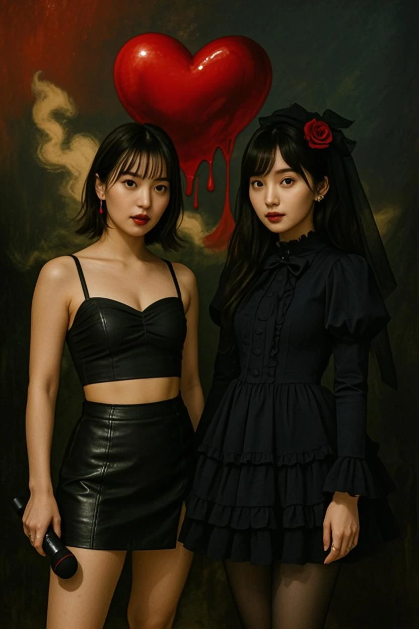 a close up of a group of korean women in black dresses with different shades of hair color and hair lengths, black roses, gothic aesthetic, black rose, she is the queen of black roses, red roses, blood red, gothic horror vibes, black roses in hair, black rose frame. seven sins, art cover, goth aesthetic, black hair, blonde hair, red hair, k-pop, one of the weoman has a mole under her eye