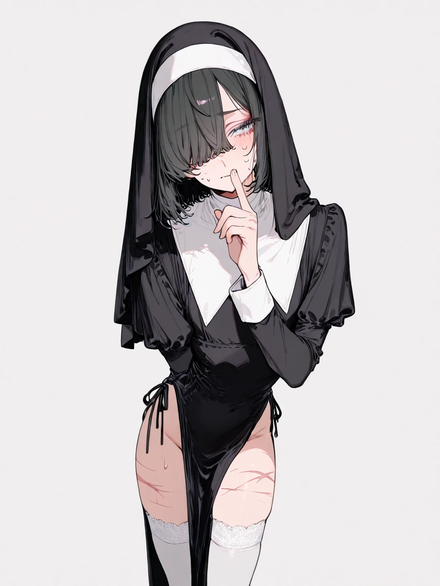 1girl, black hair, messy hair, high ponytail, hair over one eye, violet eyes, (freckles:1.2), (body freckles:1.2), coy smile, cross necklace, medium breasts, sexy hips,
nun, black habit white wimple, cross earrings,
<lora:bodypaint:1> bodypaint, see-through,