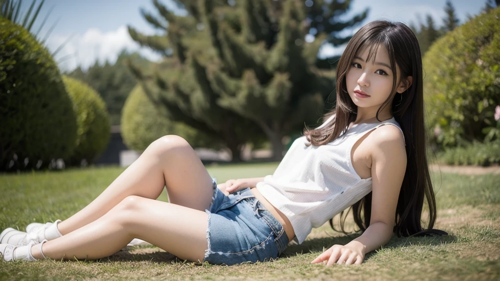 Beautiful Japanese waifu, early 30s, brunette hair, white cropped top, jeans mini skirt