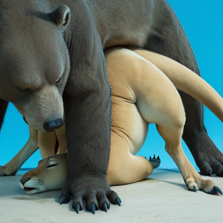 A hyper realistic, ultra detailed image, ((((((human lying on back, women, facesitting)))))), ((((nude, rear view, feral, women on feral bear, human head, bear pussy, bear tail, standing, human women, duo))))), realistic, detailed background, (((((duo, bear pussy, women, feral bear, bear tail, standing, anal rimming, excessive urine, scat on stomach, excessive anal scat)))))