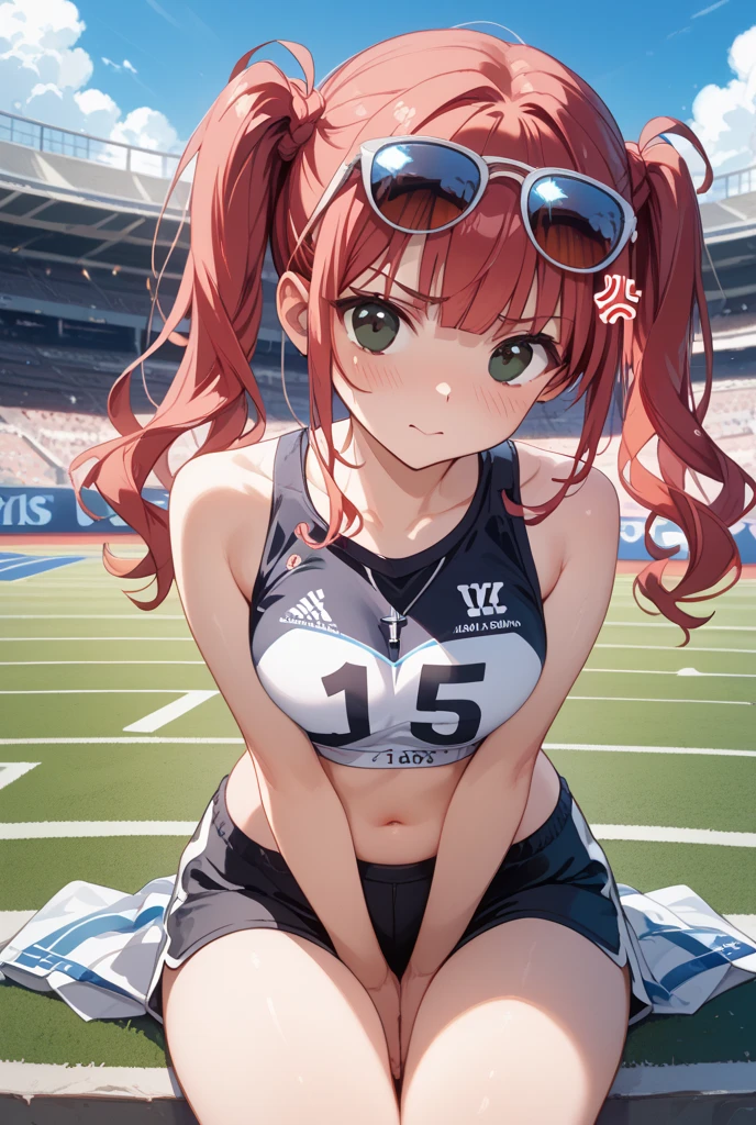 highest quality、Nice sexy body、One Woman、solo、(Beautiful busty woman:1.5)、Medium hair woman、((Woman with dark red hair))、Track and field athlete、A woman wearing a red sports bra with a logo、A woman wearing red high-cut bloomers、Smiling woman、Athletics Stadium