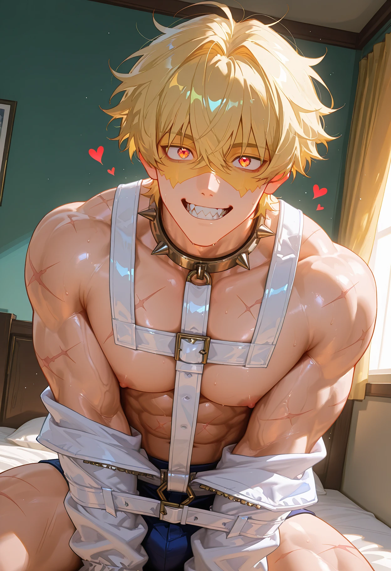 (masterpiece, Best Quality),Katsuki Bakugo,The whole body of teenager boy,teenager face,Body tilt,delicate big eyes,Open your eyes,,smooth and delicate skin,Short square face,Surprised expression,red eyes,finely detaild face,well-muscled,with an intricate,nakeness,(backbone:1.2),the night,vivd colour,(depth of fields:1.2),Raised sexy, restrained arms,leather collar, bed room, bdsm, thong, angry, blushing, youthful