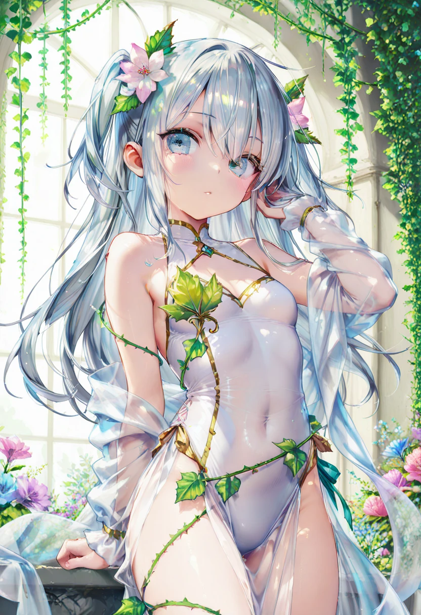A goddess of love in her small garden, She is surrounded by beautiful flowers, Little angels and fairies accompany her. Su mirada revisa la dulzura, Se viste de forma luminosa y vaporosa. Su cuerpo es esbelto y espectacular. ((pechos grandes)) (cuerpo fitness)