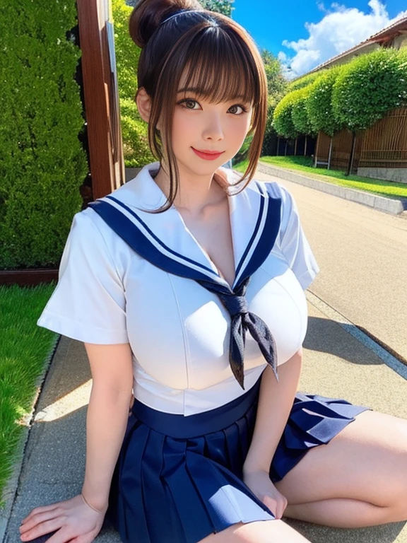 100 Girls,Crowded, Long Hair, Brown Hair, sexly, A row of girls, Girls standing in alignment, Girls only, Sisters, ((uniform。Sailor suit、mini skirt)),Full body photo:1.9, adorable, smile, Slim face, Slim body, Short Brown Hair, 32k, masterpiece, Best image quality,Ultra-high resolution,Perfect hands,Black Choker、blue eyes、bangs、Very numerous and very long eyelashes, Lots of girls、 Dependents, Fully booked, Big Breasts、Beautiful girls in sailor suits、Big Breasts、huge breast bulge、Fountain Square、blue sky、Alignment、Stand up straight