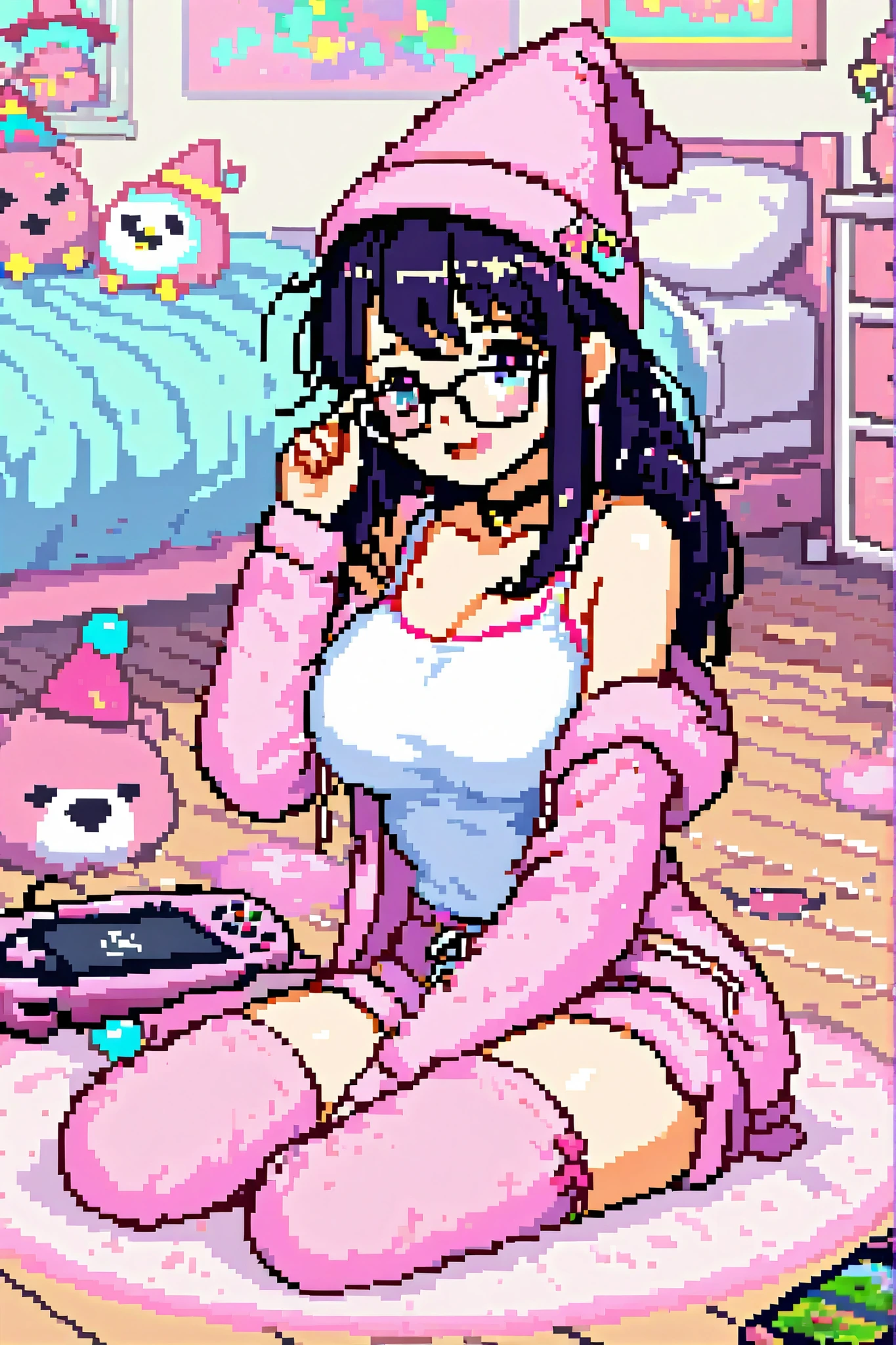 Private room、Playing video games、1 girl、Wizard Hats、loungewear、glasses、is sloppy、sitting on the floor、masterpiece、top quality、