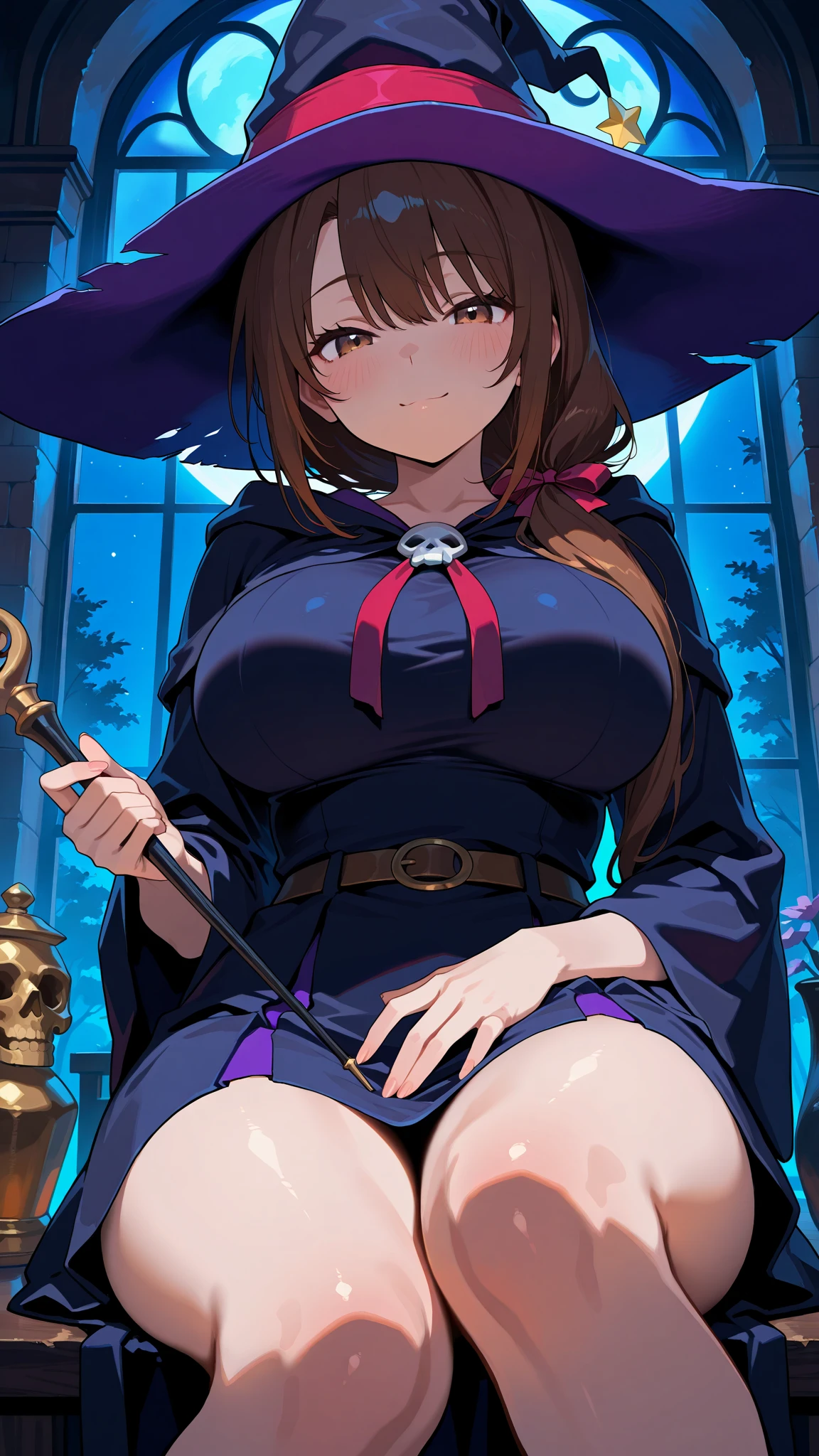 ((witch hiding her eyes with a hood, prayer)), (((round face))), realistic skin, round face, luxurious robe, triumphant smile, ritual, ((arch body, leaking pee on the magic circle)), magic activation, ((Giant magic circle)), pubic hair, ruins, angle from below,
