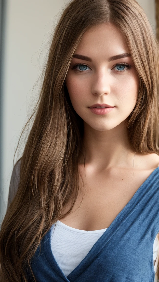 Girl with blue eyes and long brunette hair in front of her school without clothes
