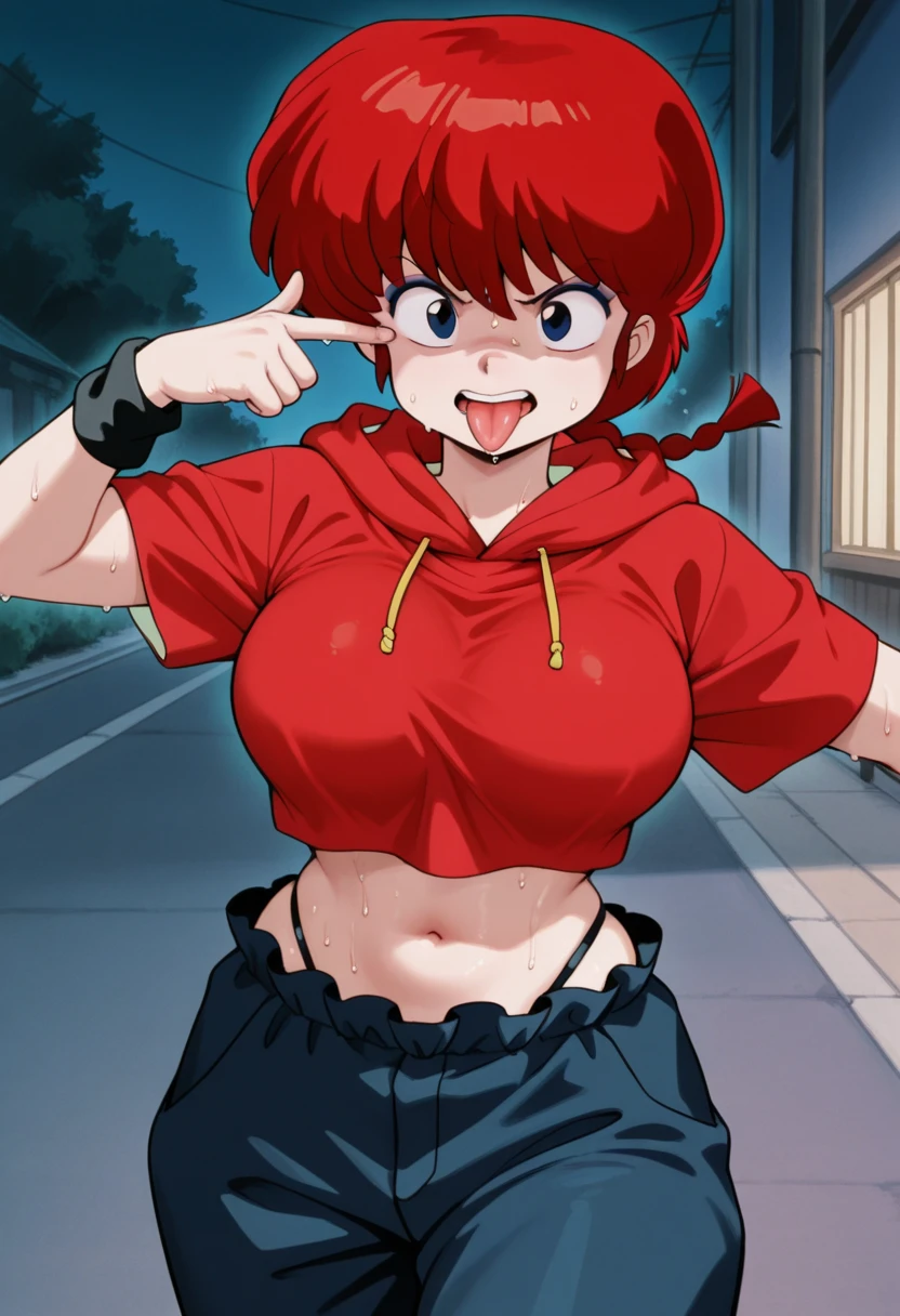 1girl, (masterpiece:1.1), hi-res, 4k chuyun,Dark blue hair,Brown red eyes,red hat,Red gloves,White T-shirt,Blue pants (la camisa mojada )