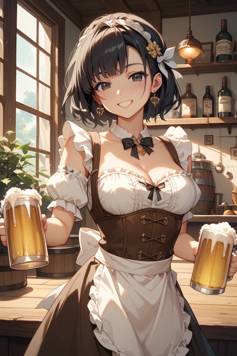 (from above:1.2), (perky chest:1.2), (pointed chest:1.2), 1girl, Bust A Cup, Amazing Cleavage:1.1, thin waist, big ass, Raised cute, small breast: 1.1 posed cleavage:1.2、solo, looking at viewer, have a cute glass of cute beer glass,black hair, dark green eyes, dress, bare shoulders, jewelry, collarbone, side locks, hairband, earrings, indoors, off shoulder, arms behind back, plants, short hair with long locks, gild hairband, off-shoulder dress, sweater dress, off-shoulder sweater, red sweater, dark gold hair, big side hair, very long side hair,is rendered in (masterpiece: 1.2, best quality), with (ultra high resolution) and an exquisite (depth of field). This masterpiece is not only visually stunning but also tells,A scene of cooking in the kitchen
