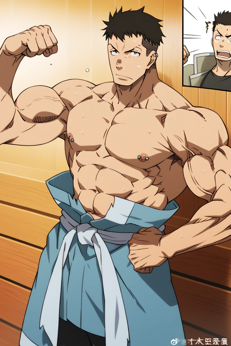 Create an image of the anime character endeavor from my hero academia ,Whole body y desnudez con el pene erecto y que la cara esté exitada,muscular,Whole body,in a sauna,sweaty