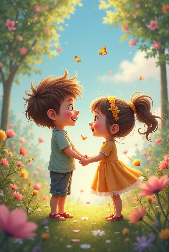 Create an image that shows two cartoon characters, a boy and a girl, happily holding hands in a whimsical, colorful park setting. They should appear as a perfect pair, smiling and enjoying each other's company. The background should include vibrant elements like flowers, butterflies, and sunshine to reflect the cheerful and positive theme of the song. The image should capture a sense of joy, friendship, and togetherness, aligning with the lyric 'We’re a perfect pair, or so it seems.