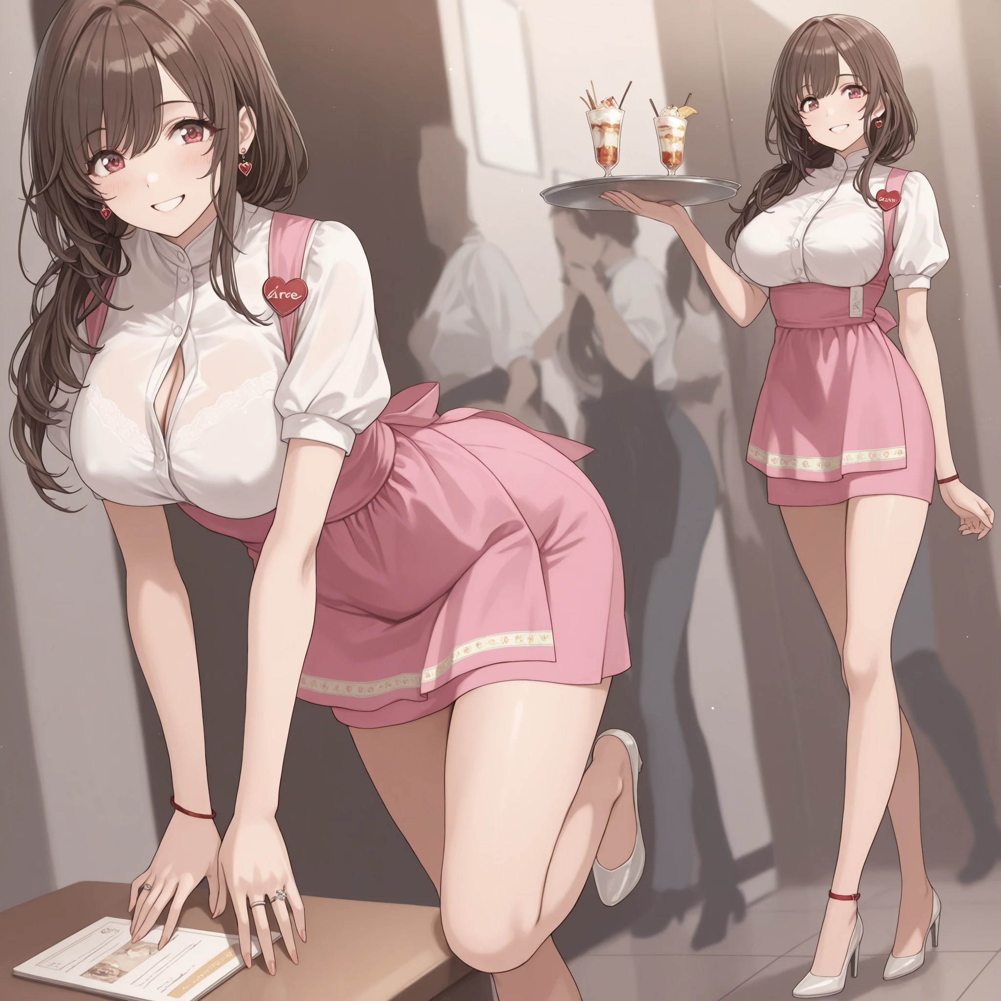 Mature Woman女性, Housewife, she closes her mouth and smiles gently,full body,Kind Eyes, brown hair, low long hair, pink waitress costume_Anna Millers_ very short skirt ,Panties are watching,black high heels,anklet,ring on the ring finger of the left hand,Heart Earrings, Disconnect, Mature Woman, soft light in a mental hospital, advanced details, best quality, big breasts,Beautiful Breasts, erect nipples,seductive cleavage,seductive thighs on the tray on the right hand,, I serve customers with a menu book,Many perverted male customers look at women with a grin and disgusting gaze