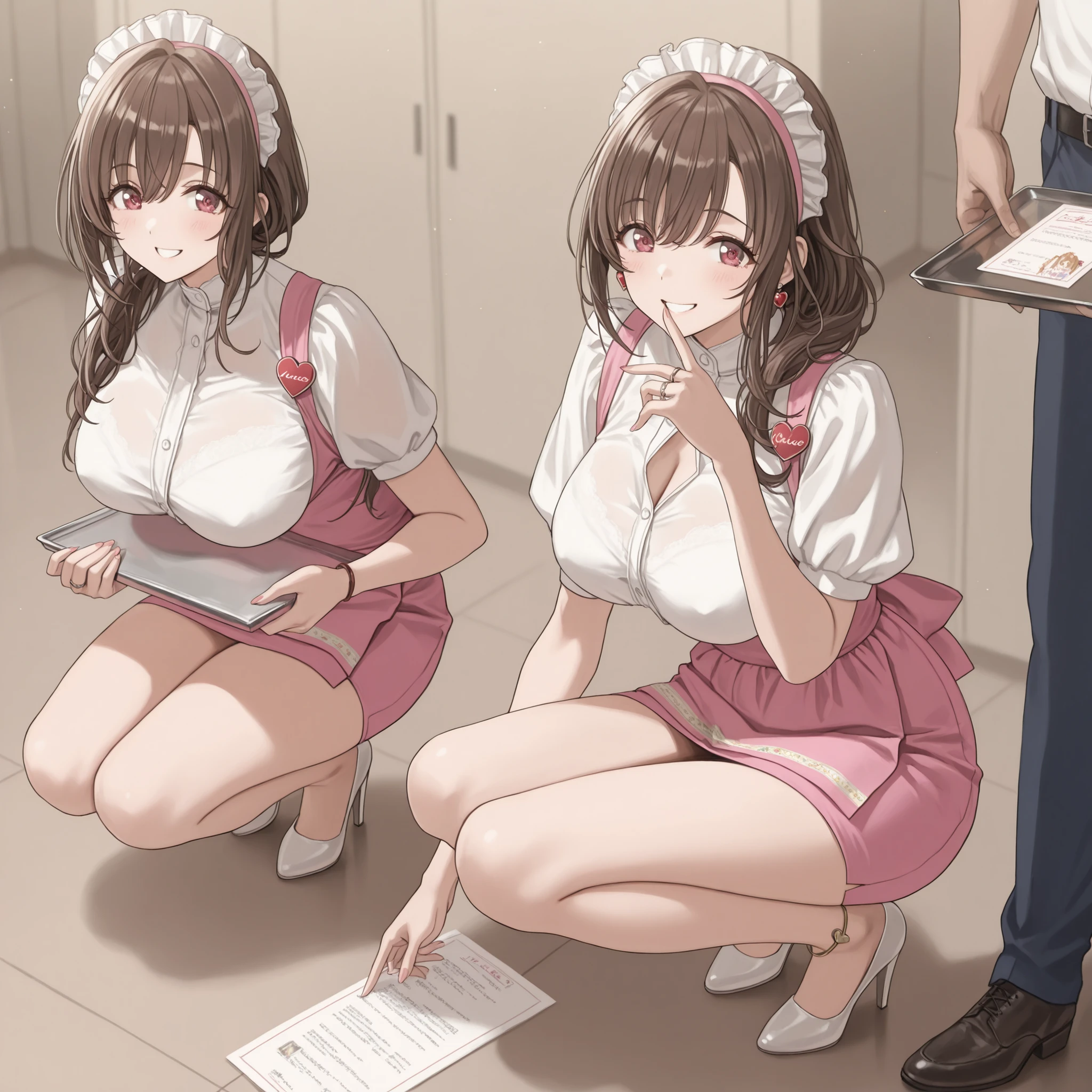 Mature Woman女性, Housewife, she closes her mouth and smiles gently,full body,Kind Eyes, brown hair, low long hair, pink waitress costume_Anna Millers_ very short skirt ,Panties are watching,black high heels,anklet,ring on the ring finger of the left hand,Heart Earrings, Disconnect, Mature Woman, soft light in a mental hospital, advanced details, best quality, big breasts,Beautiful Breasts, erect nipples,seductive cleavage,seductive thighs on the tray on the right hand,, I serve customers with a menu book,Many perverted male customers look at women with a grin and disgusting gaze