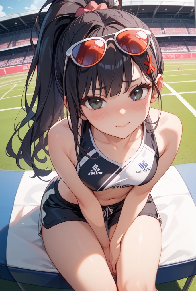 woman.(track and field). (world athletics).(yellow track uniform:1.2), sleeveless, (spectator seats).(packed auditorium).(separate track and field uniform).competition, perfect hands, thigh gap, show belly, resting sensual pose, sitting, legs open