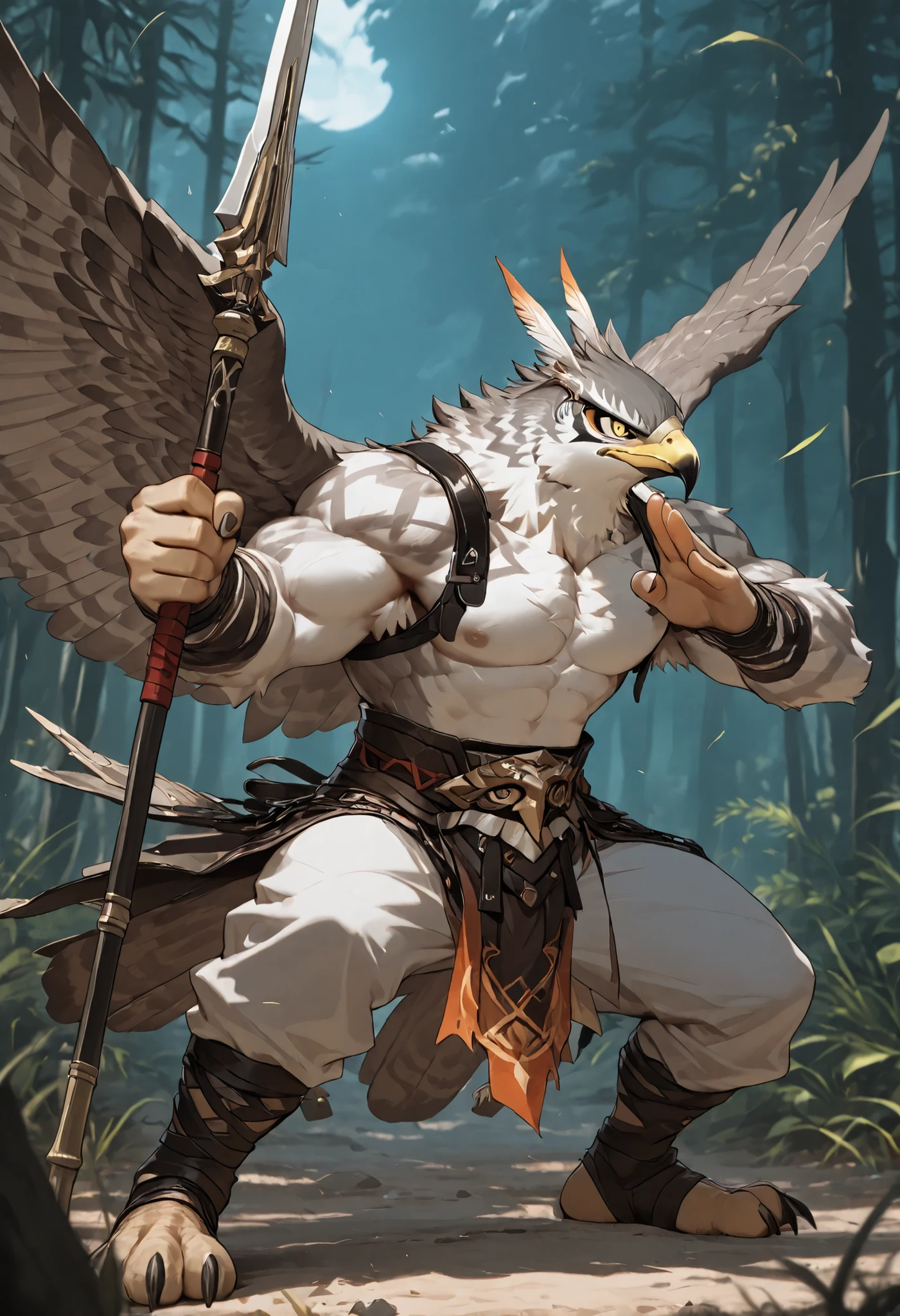 realistic, real shadow and light,depth of field, Athletic body, commission for high res, anthropomorphic, there is a falcon, White fur, fluffy, furry, topless, muscular body, bare chest, (ancient leather outfit), fight pose, fighting stance, in the deep woods, (fight pose), close up, (close up), holding holy long spear, feather circlet, huge falcon wings, feather all around, fight stance, full body.